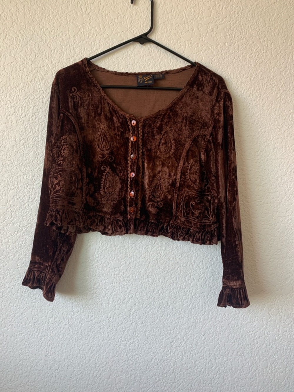 BECCA Burnt Brown Crushed Velvet Cropped Button-Up Blouse